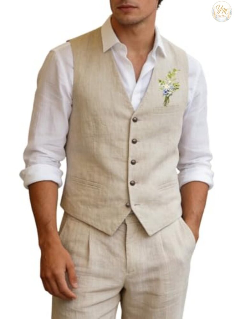 Men's Linen Suit 2 Piece Slim Fit Vest and Pants Set Polyester Linen Spandex